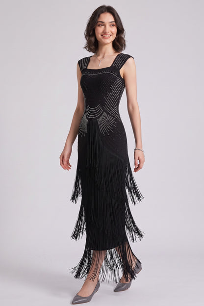 Black Art Deco Beaded Sheath Dress with Tiered Fringe black stretch knit dress - product view 4