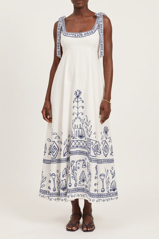 Square Neck Folk Embroidered Midi Dress