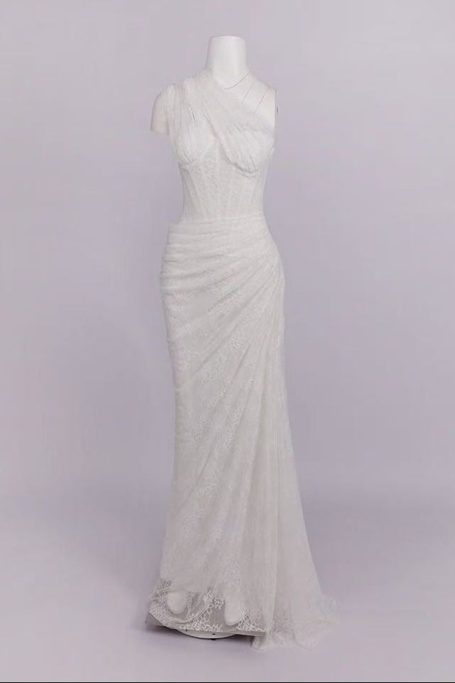 White Floral Lace One-Shoulder Column Gown