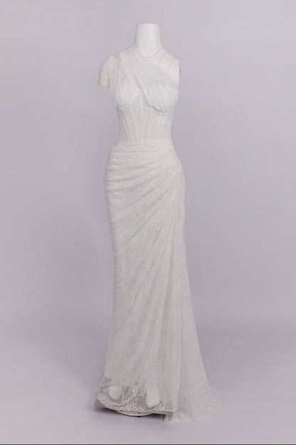 White Floral Lace One-Shoulder Column Gown