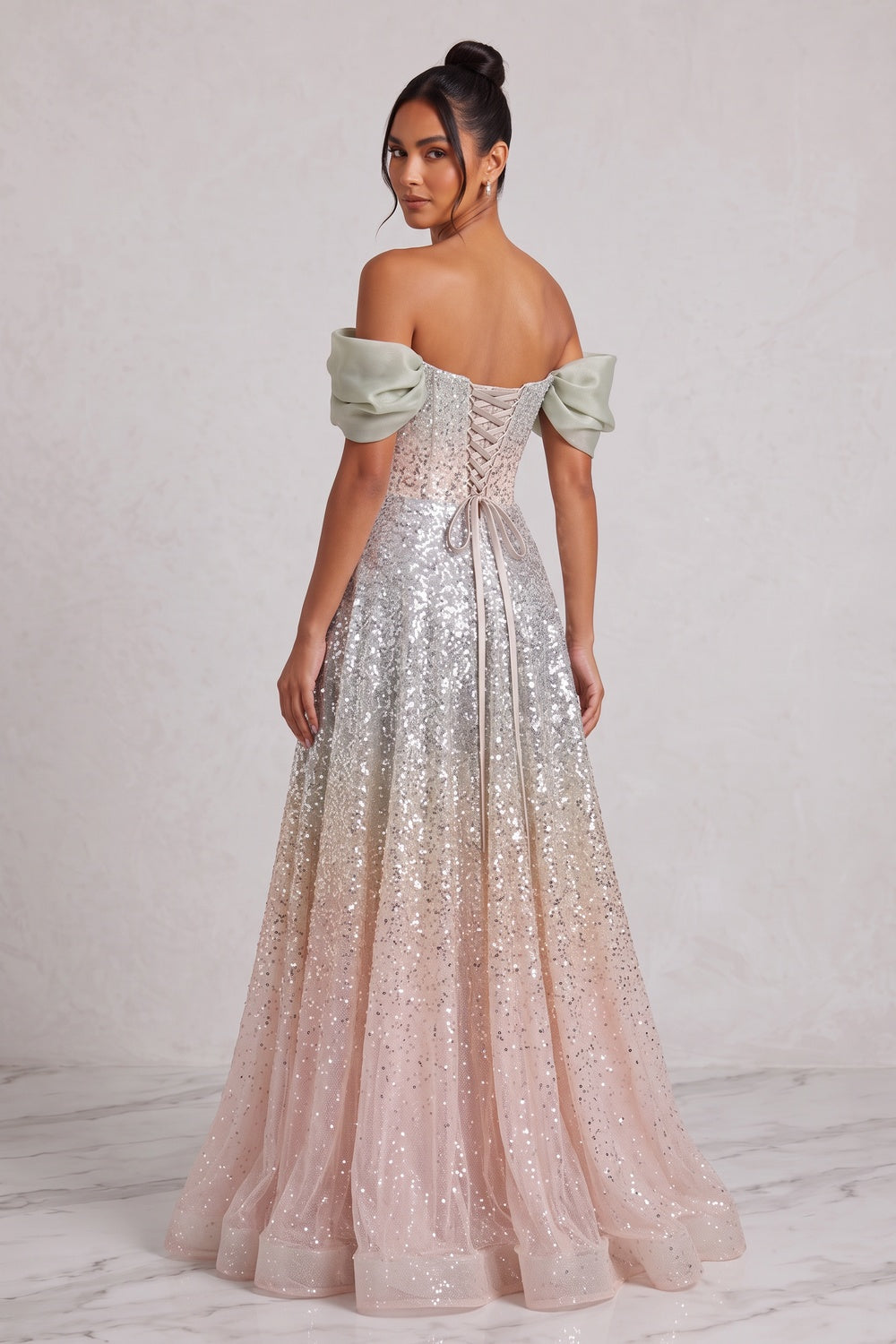 silver sequined tulle a-line gown silver, champagne, pale pink sequined tulle gown - product view 5
