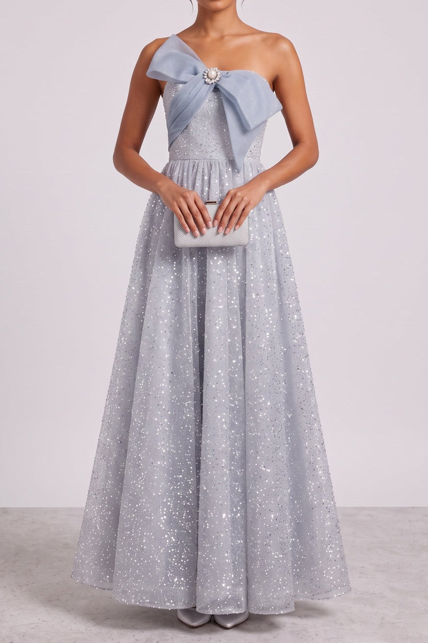 Silver-Blue Glitter Tulle A-Line Evening Gown silver-blue glitter tulle evening gown - product view 4