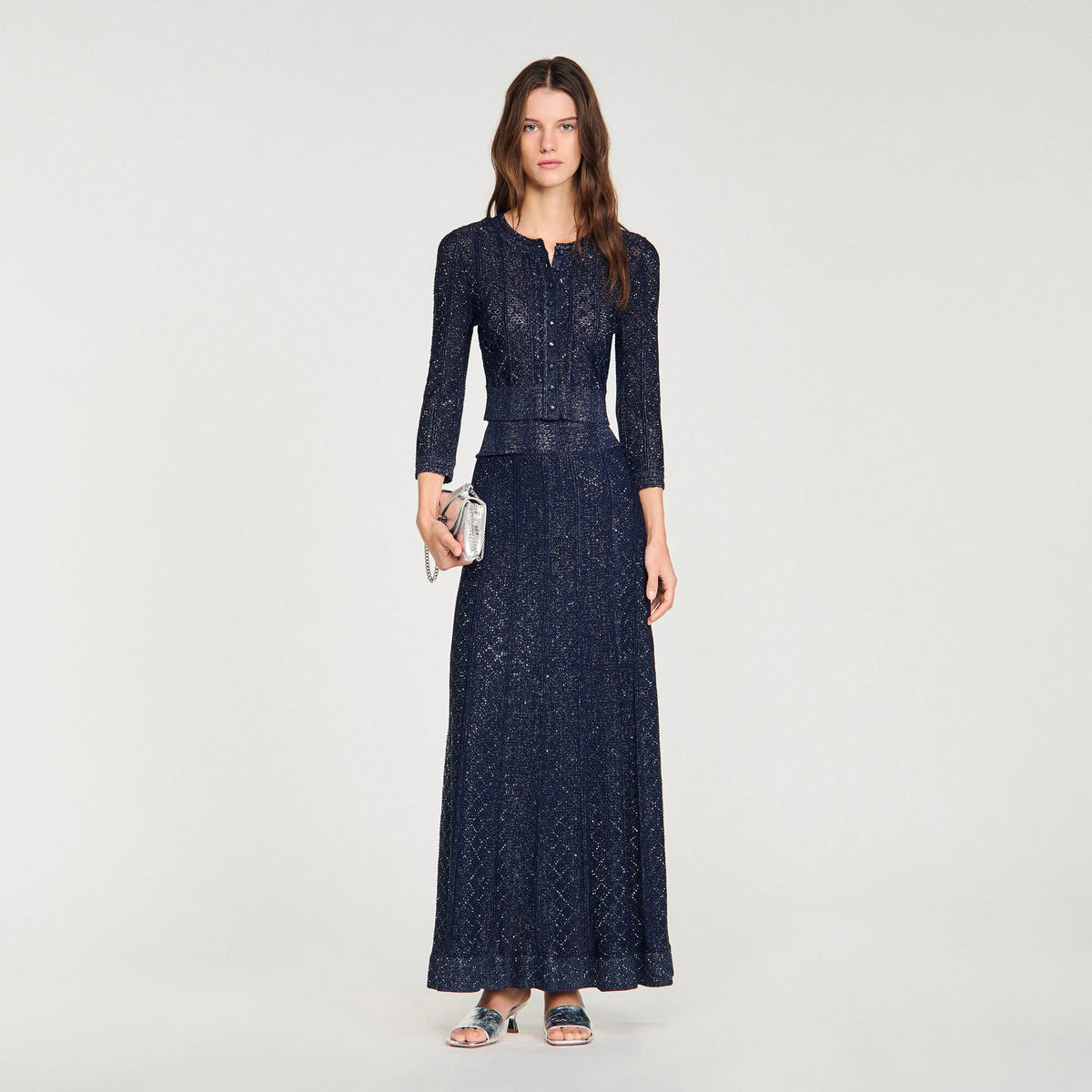 alexandra Rhinestone knit maxi skirt in navy blue