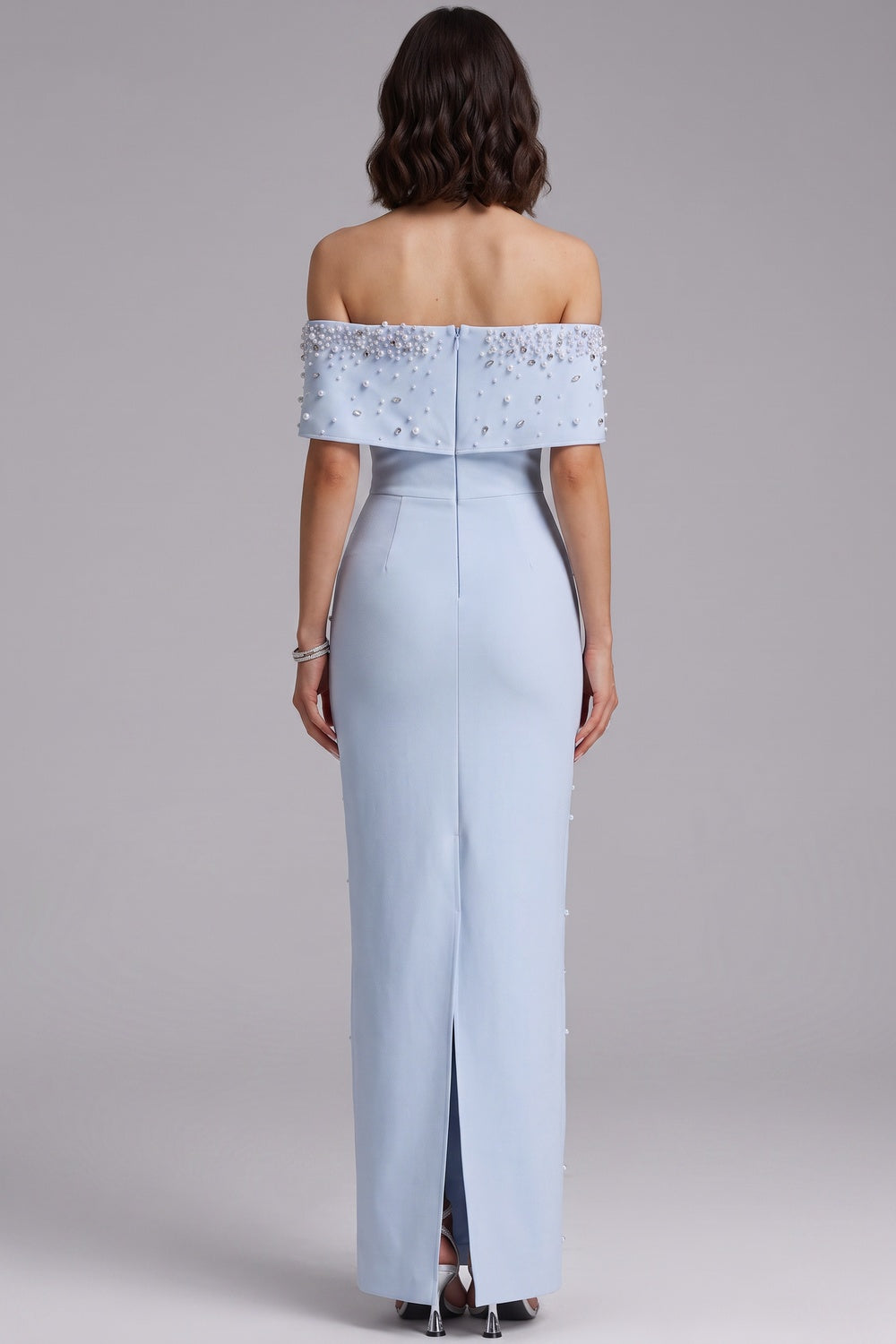 Light Blue Structured Crepe Column Gown with Pearl Embellishments light blue structured crepe gown - product view 5