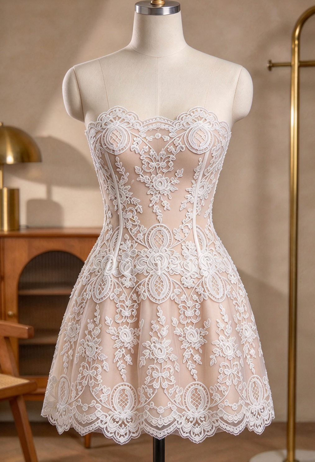 White Floral Lace Fit-and-Flare Corset Mini Dress with Detached Sleeves