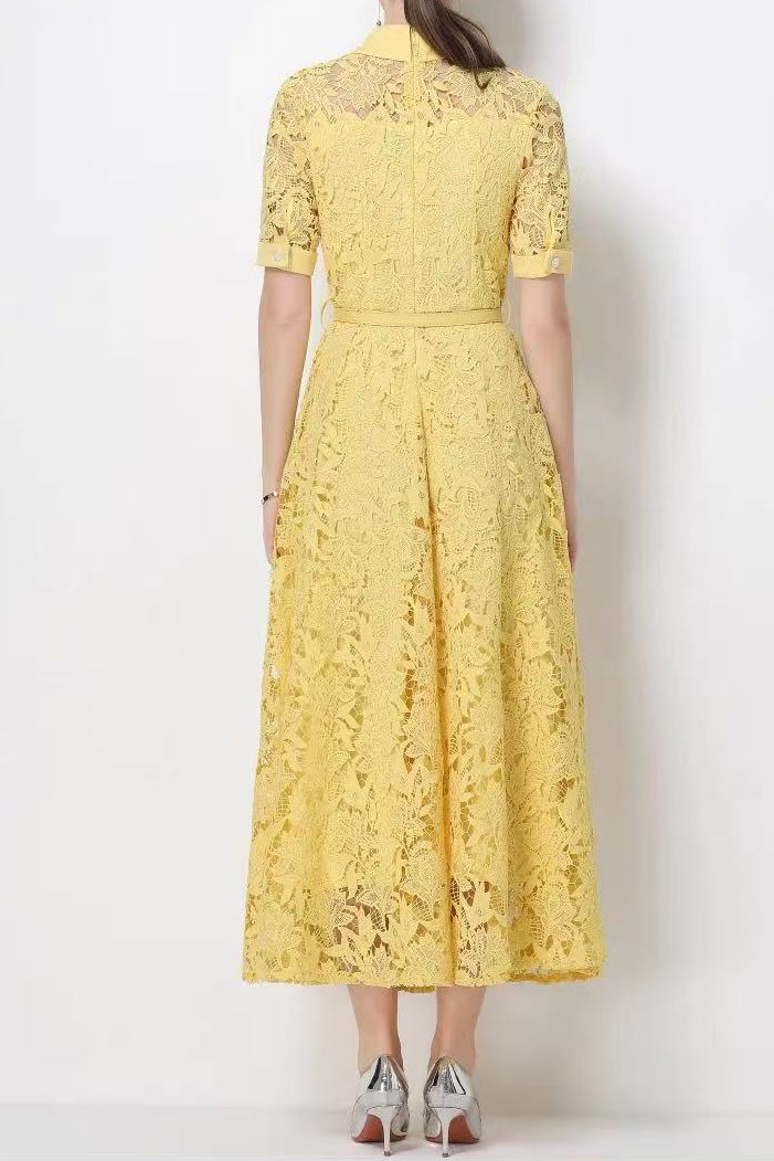 Lace Collared Belted Midi Dress