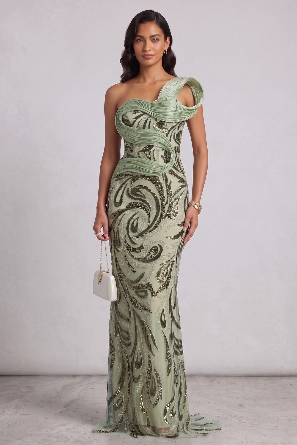 Sage Green One-Shoulder Sequin Embellished Floor-Length Gown Premium Fabric - product view 3