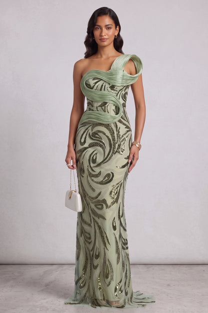 Sage Green One-Shoulder Sequin Embellished Floor-Length Gown Premium Fabric - product view 3