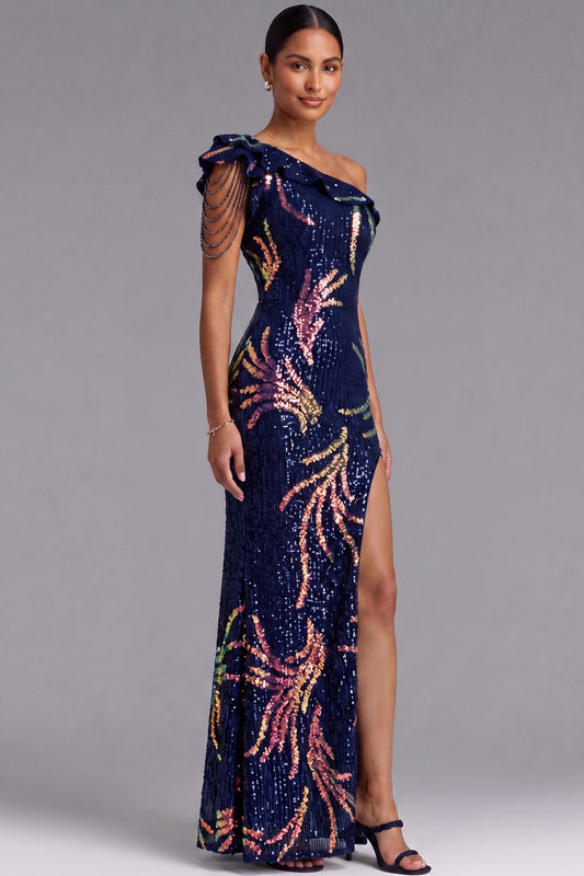 Navy Blue One-Shoulder Sequin Maxi Gown Premium Fabric - product view 4