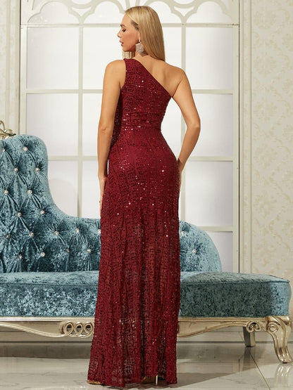 One Shoulder Sequins Maxi Prom Dress