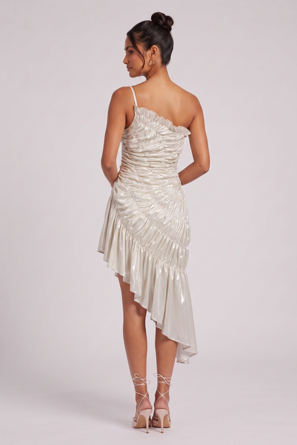 Champagne Gold Metallic Ruched Asymmetrical Dress champagne gold, pale silver metallic synthetic blend dress - product view 5