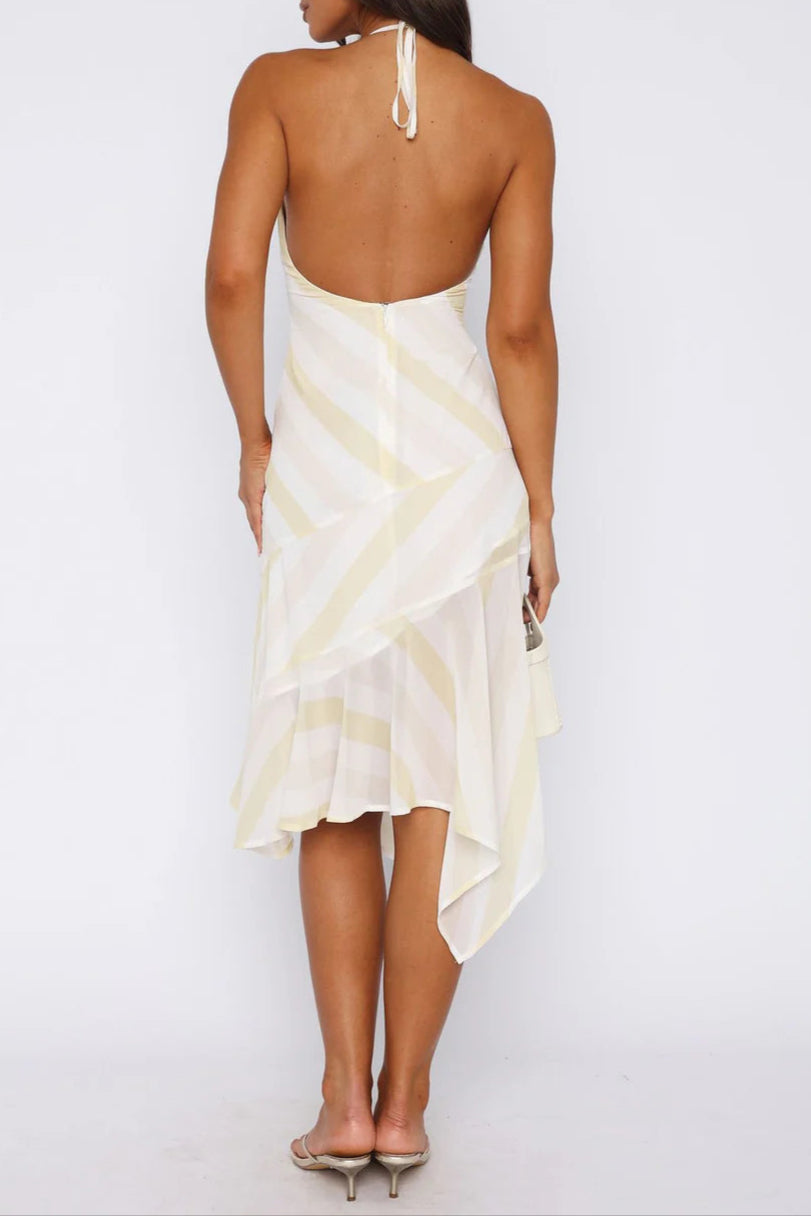 backless Citrus Stripe Midi Dress in ivory