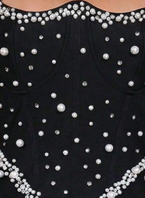Black Heavy Stretch Knit Bodycon Dress with Pearl Embellishments