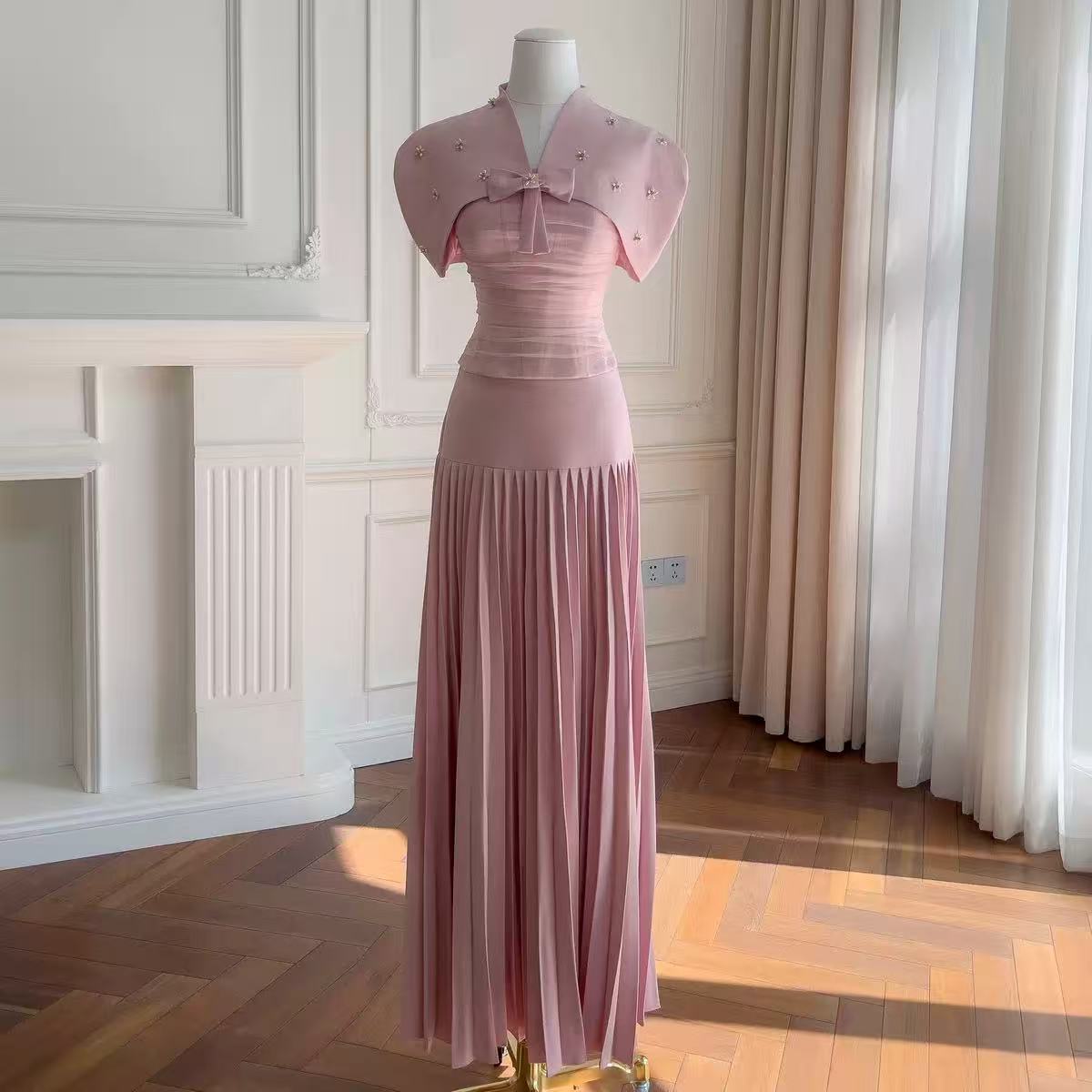 Cape Bow Pearl Corset Pleated Maxi Dress