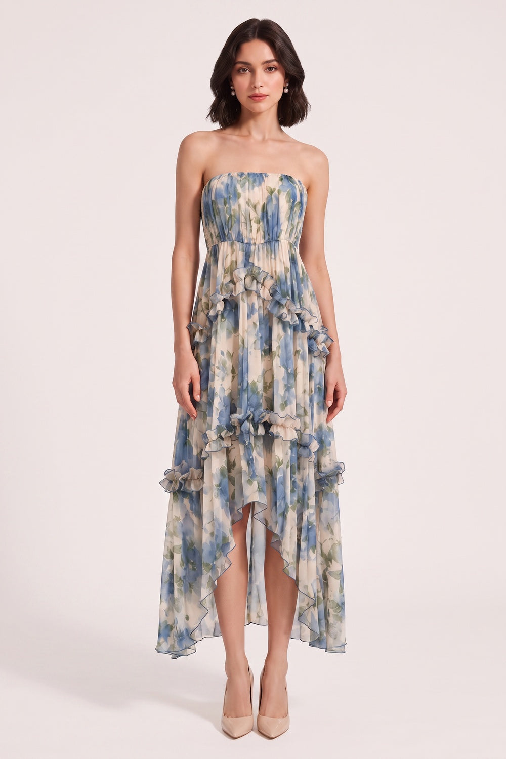 Blue Floral Strapless Tiered Midi Dress Premium Fabric - product view 4