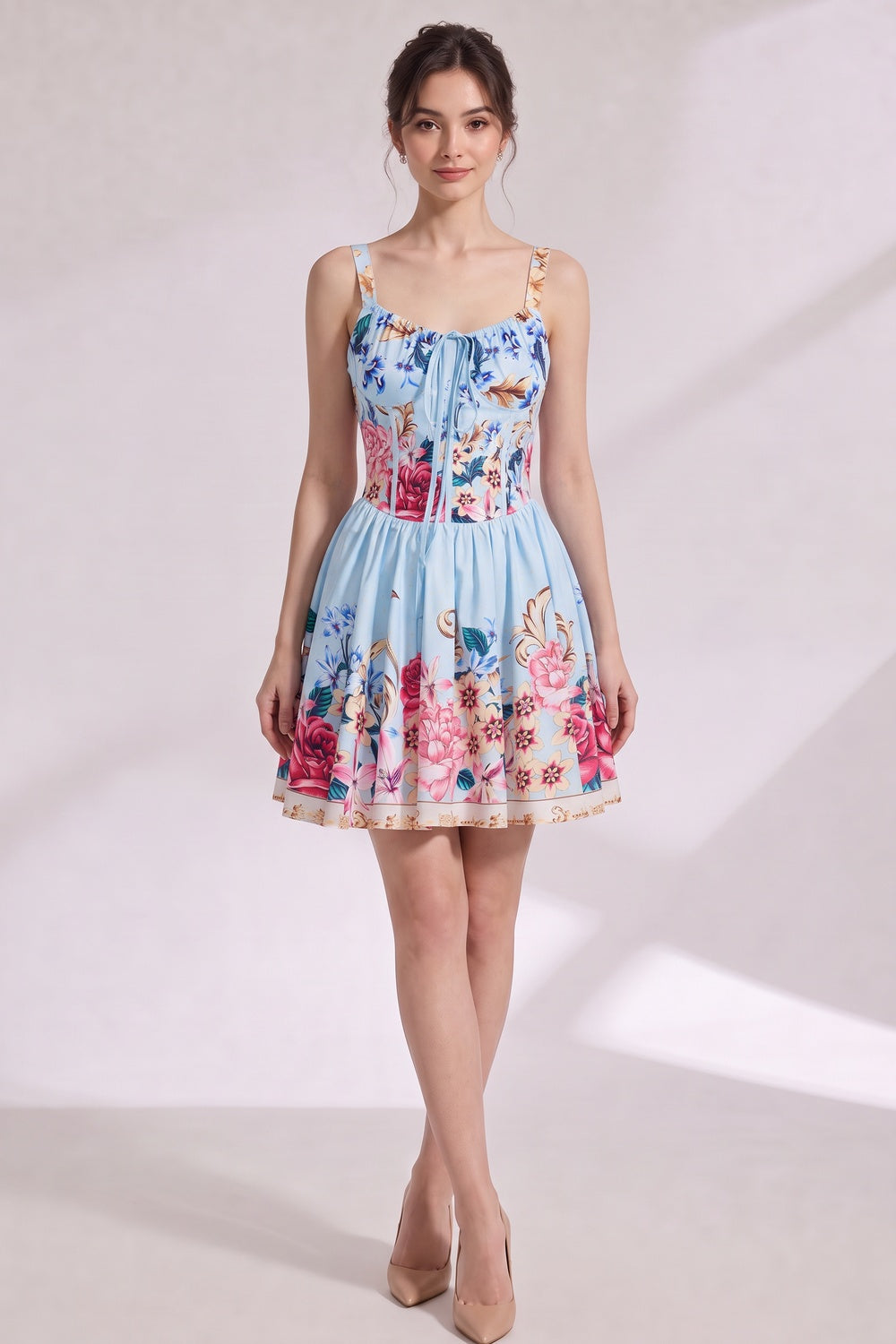 light blue structured cotton woven fit-and-flare dress light blue structured cotton woven dress - product view 3