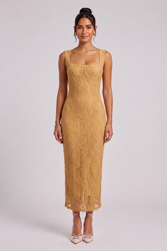 Mustard Yellow Textured Floral Lace Sheath Dress