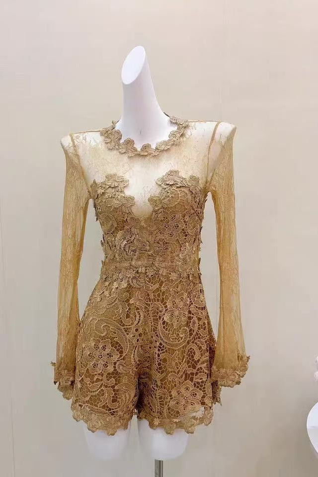 Sheer Lace Long Sleeve Skort Romper