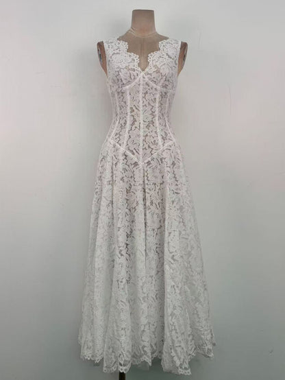 White Floral Lace A-Line Midi Dress with Keyhole Neckline
