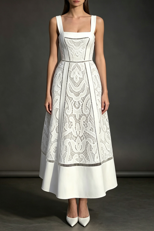 White Embroidered Eyelet Lace A-Line Midi Dress