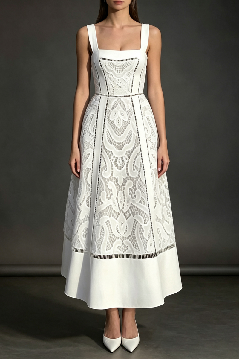 White Embroidered Eyelet Lace A-Line Midi Dress