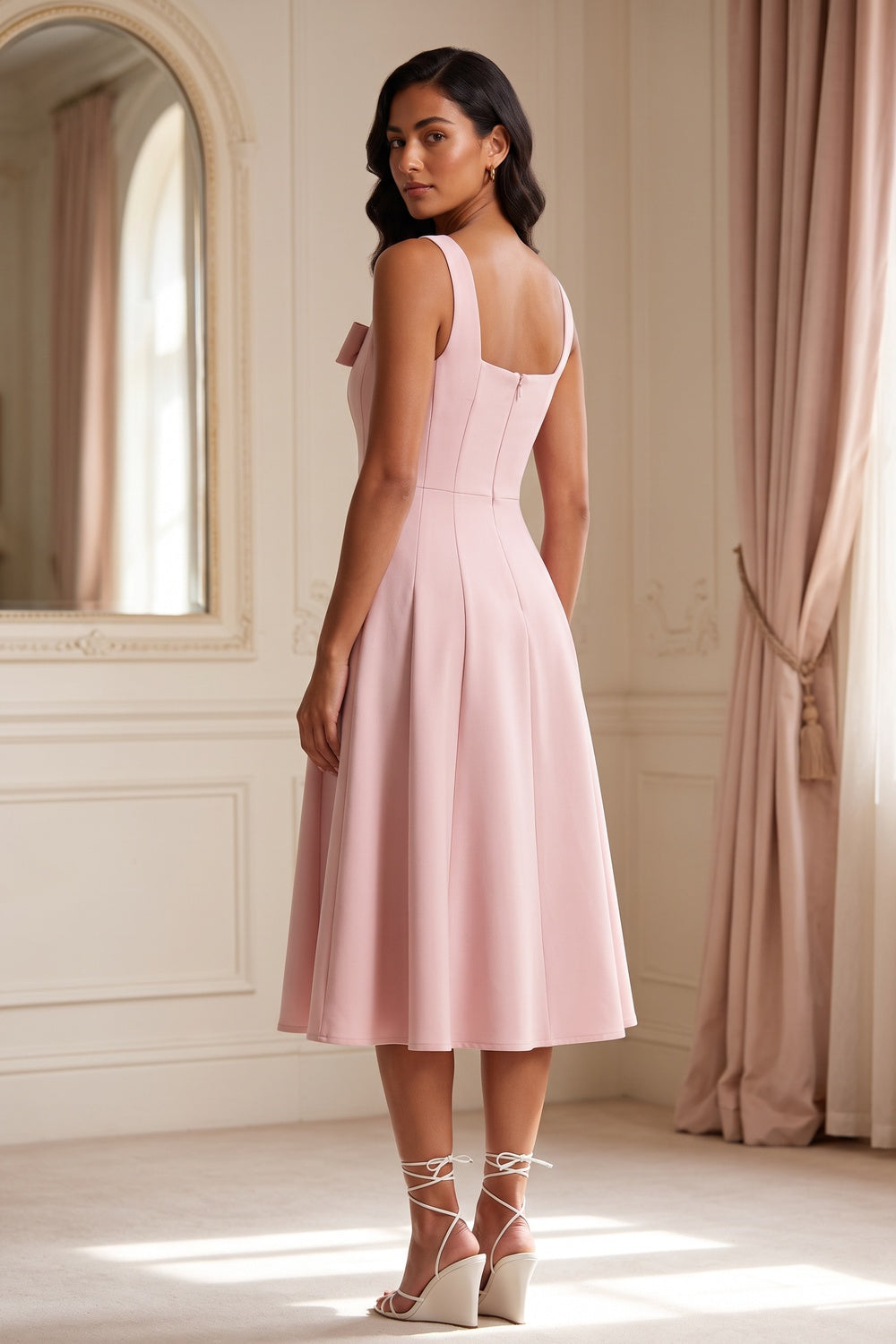 Square Strap Front Bow Satin Midi Swing Dress