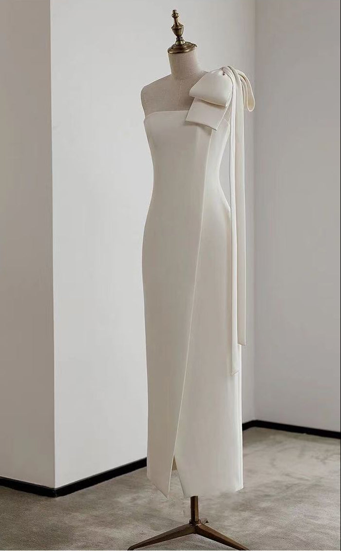 Estelle White Off Shoulder Satin Midi Dress with Bow