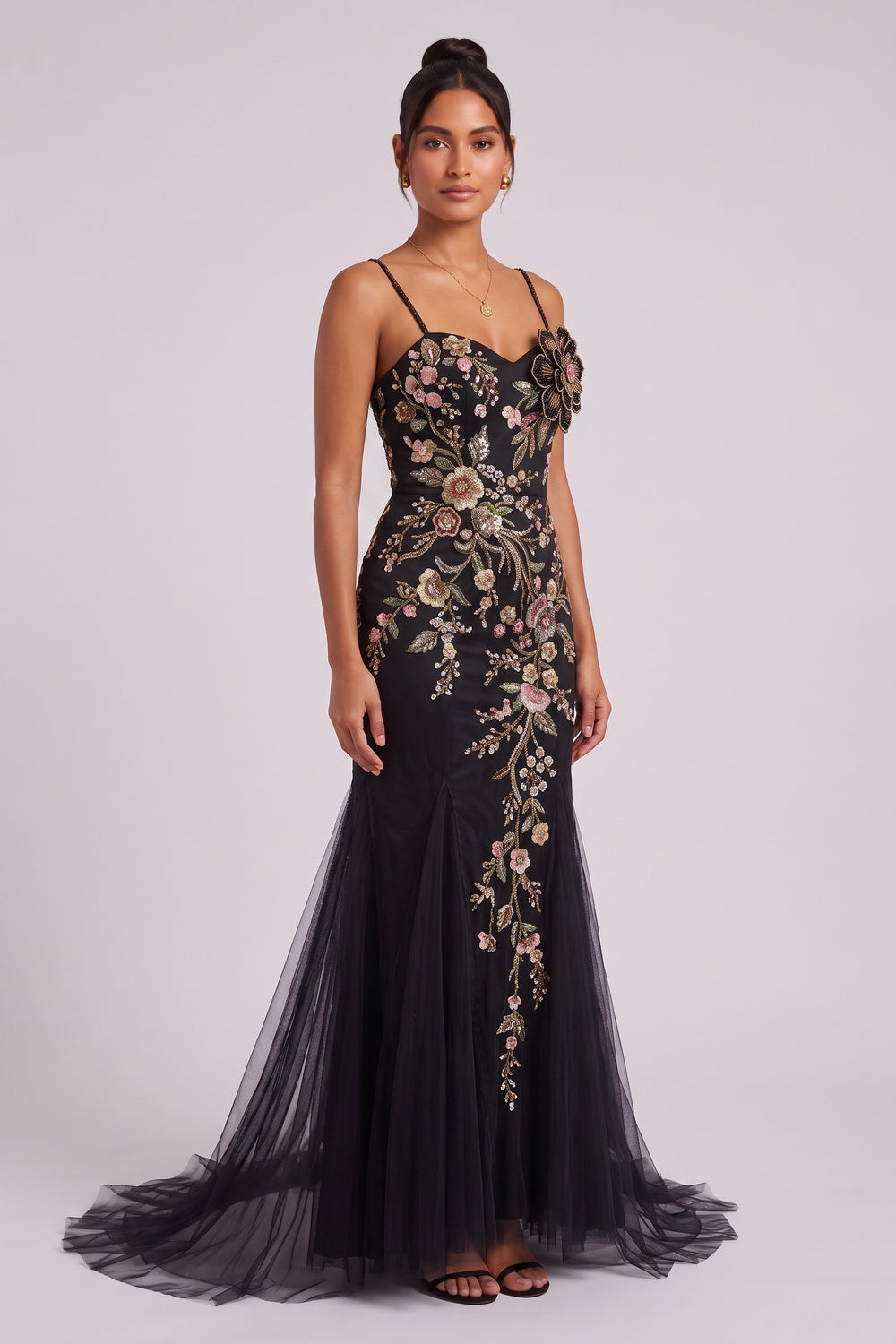 Black Tulle Mermaid Gown with Floral Beadwork black tulle gown - product view 2