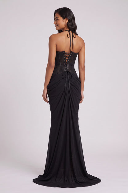 Black Chiffon Mermaid Evening Gown with Draped Hip Swags and Train black chiffon evening gown - product view 4