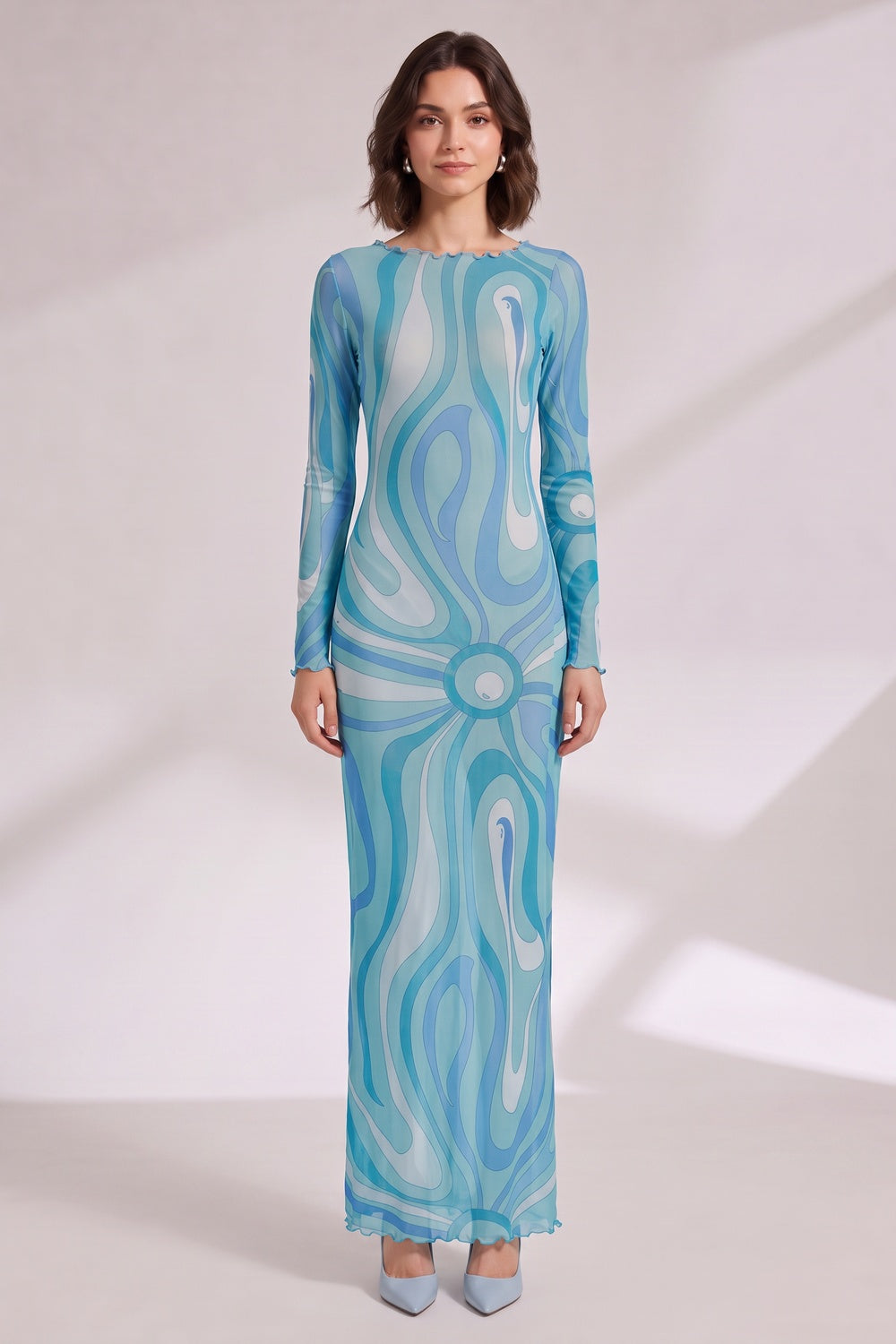 Blue Abstract Wave Maxi Dress with Scalloped Details Premium Fabric - product view 2
