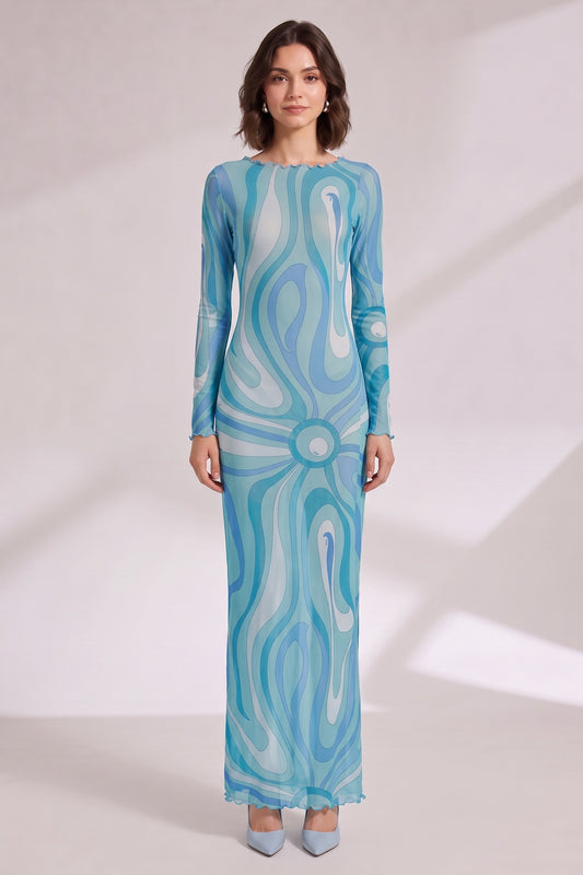 Blue Abstract Wave Maxi Dress with Scalloped Details Premium Fabric - product view 2