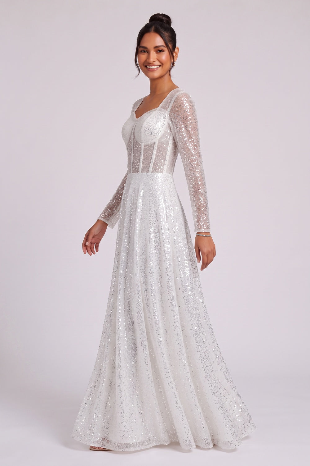 white sequined tulle A-line gown white, silver sequined tulle gown - product view 2