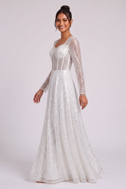 white sequined tulle A-line gown white, silver sequined tulle gown - product view 2