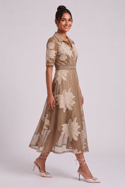 Taupe Fine Mesh Tulle A-Line Midi Dress with Floral Applique taupe, brown fine mesh tulle dress - product view 3