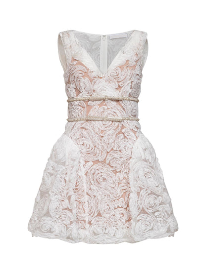 White sequin tulle and lace mini dress