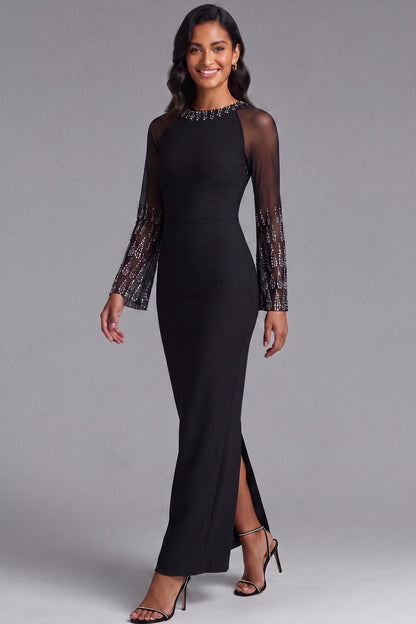 Black Heavy Stretch Crepe Sheath Maxi Dress with Sheer Embellished Sleeves black heavy stretch crepe dress - product view 2