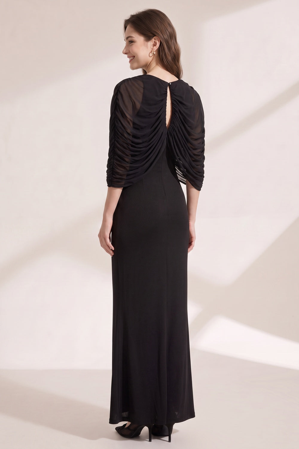 Black Matte Jersey Column Evening Gown with Draped Capelet black matte jersey evening gown - product view 5