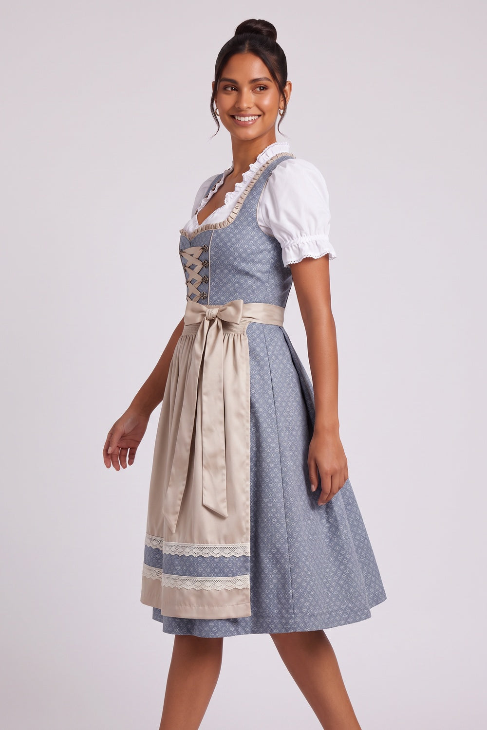 dusty blue woven jacquard fit-and-flare dirndl dress set dusty blue, champagne beige, white woven jacquard dirndl dress set - product view 3