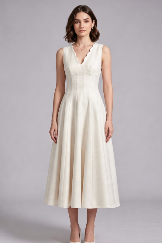 Ivory Textured Woven A-Line Midi Dress with Back Bow
