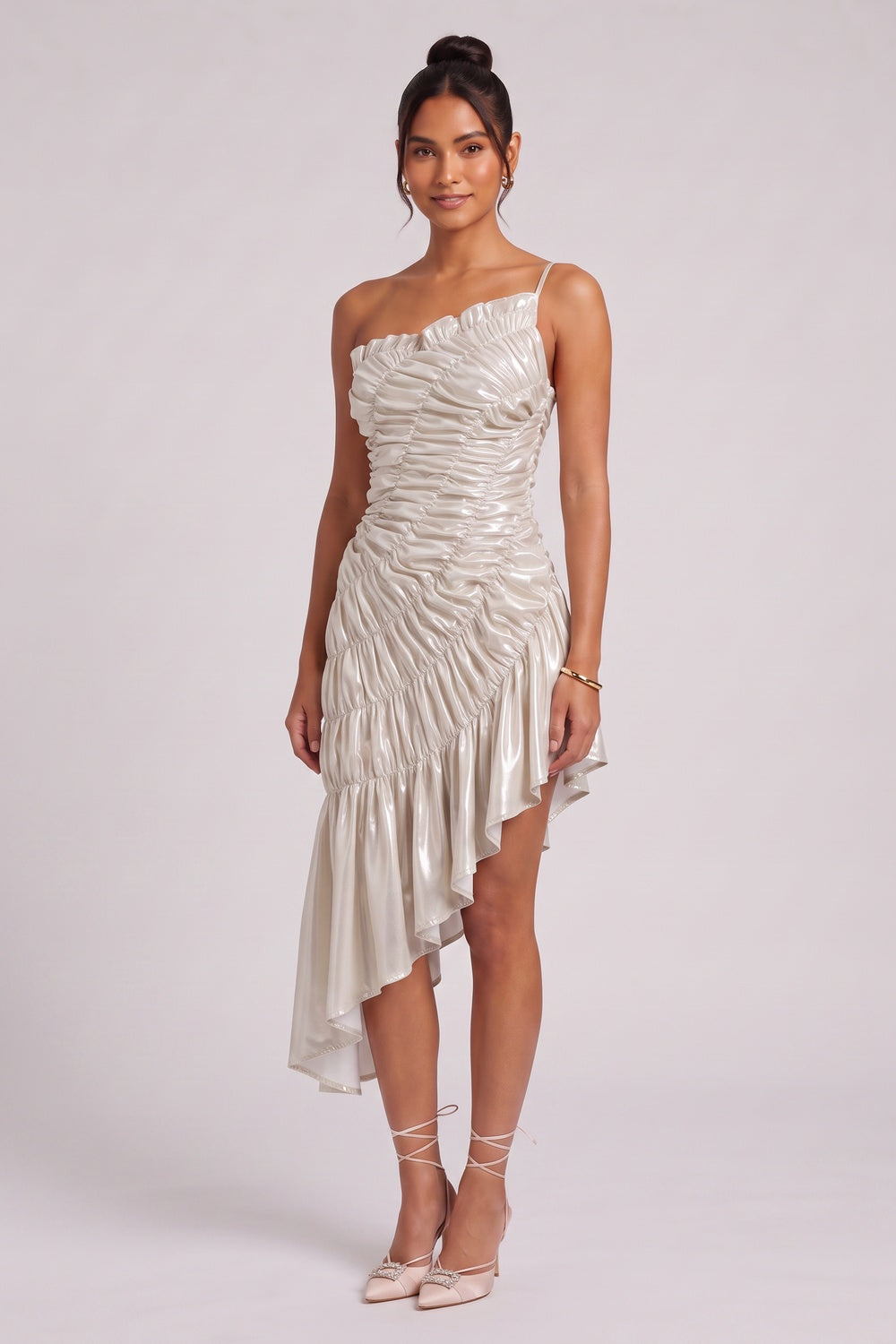 Champagne Gold Metallic Ruched Asymmetrical Dress champagne gold, pale silver metallic synthetic blend dress - product view 4