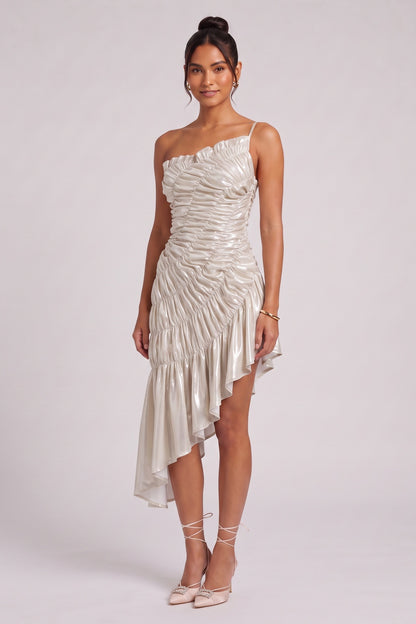 Champagne Gold Metallic Ruched Asymmetrical Dress champagne gold, pale silver metallic synthetic blend dress - product view 4
