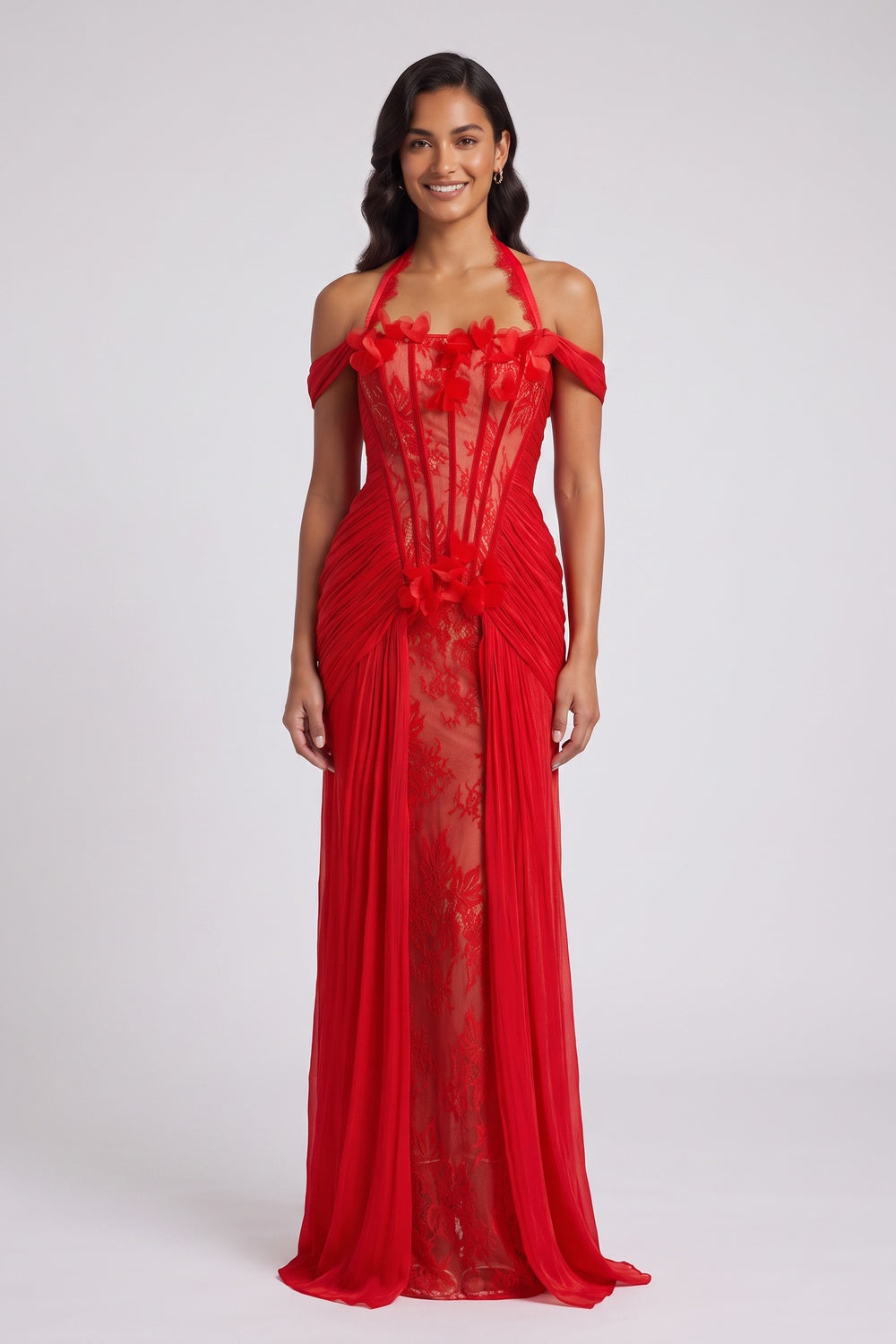Red Halter Neck Floor-Length Gown with Floral Appliqué Premium Fabric - product view 2