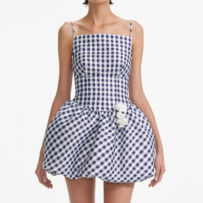 Navy Gingham Taffeta Mini Dress