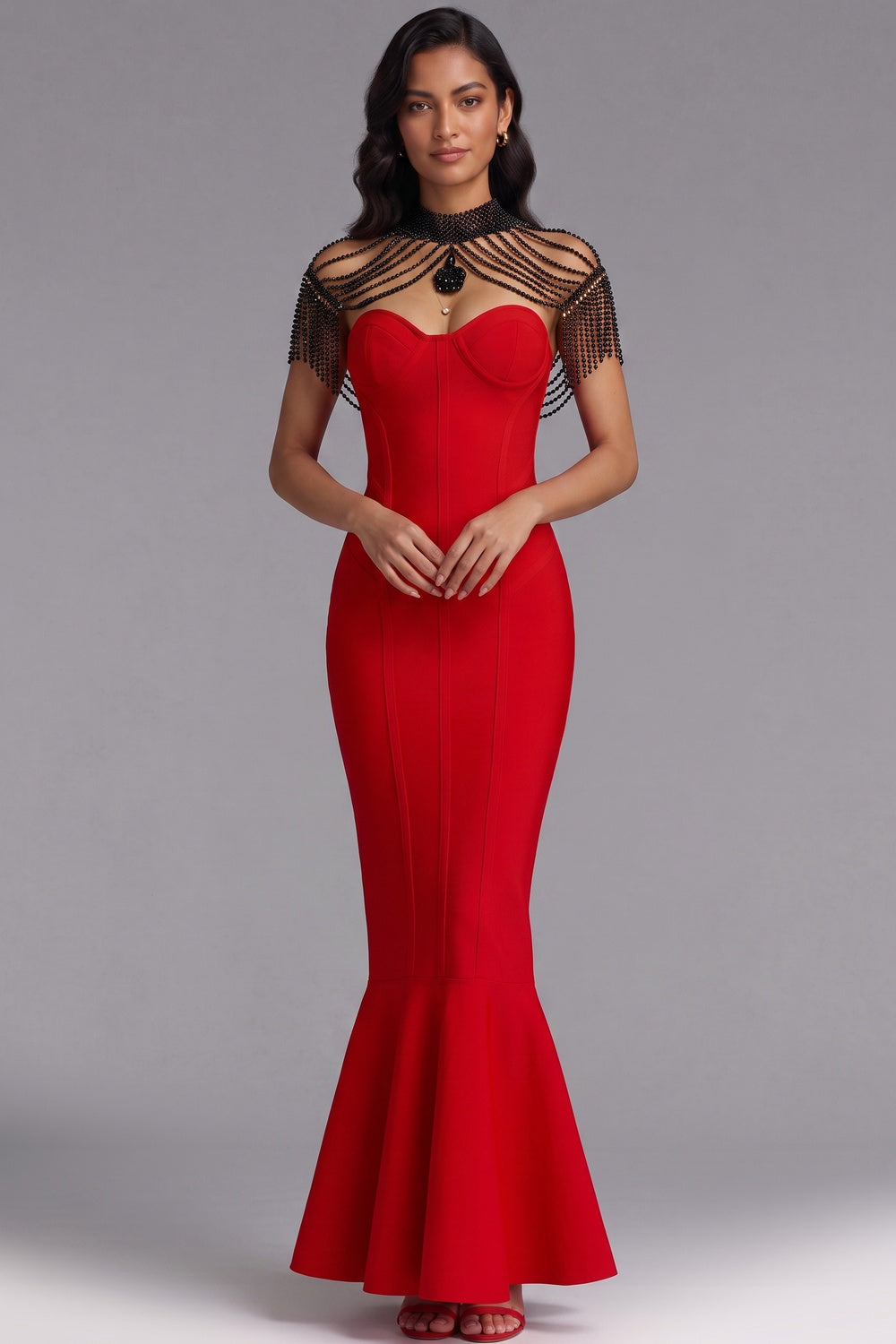 Red Mermaid Evening Gown with Beaded Fringe Detail Premium Fabric - product view 2