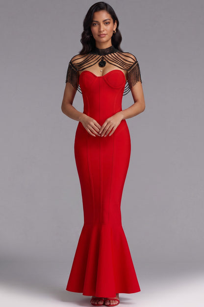 Red Mermaid Evening Gown with Beaded Fringe Detail Premium Fabric - product view 2