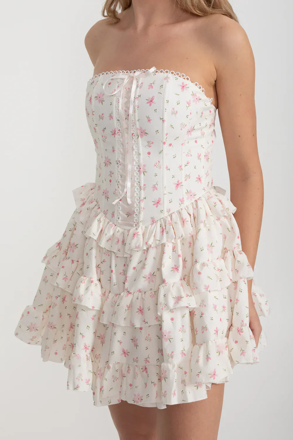 martha Ruffle printed strapless Mini Dress in pink
