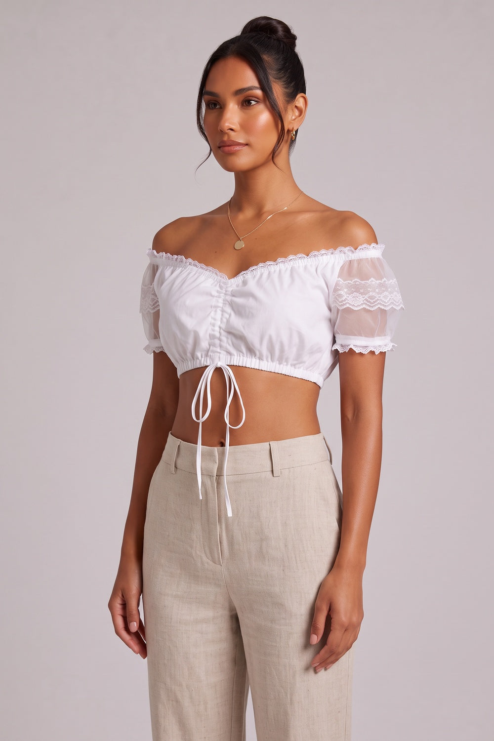 white woven cotton blend off-the-shoulder crop top dirndl blouse white woven cotton blend dirndl blouse - product view 2