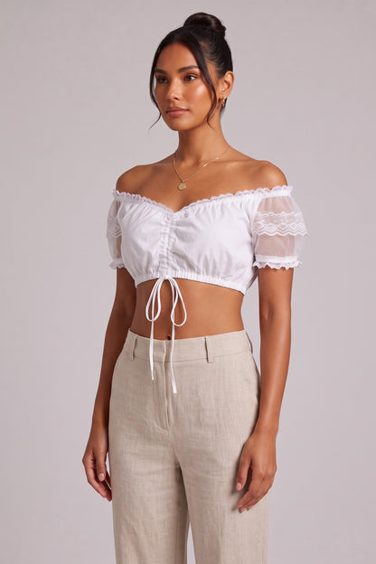 white woven cotton blend off-the-shoulder crop top dirndl blouse white woven cotton blend dirndl blouse - product view 2