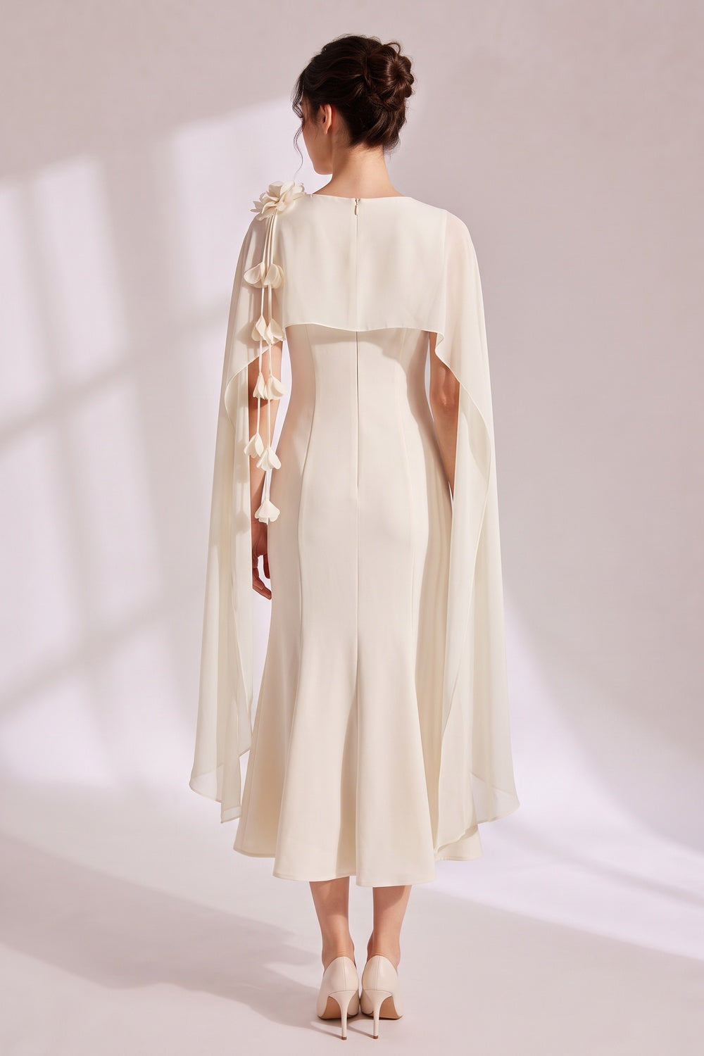 Cape Sleeve 3D Floral Chiffon Midi Mermaid Dress
