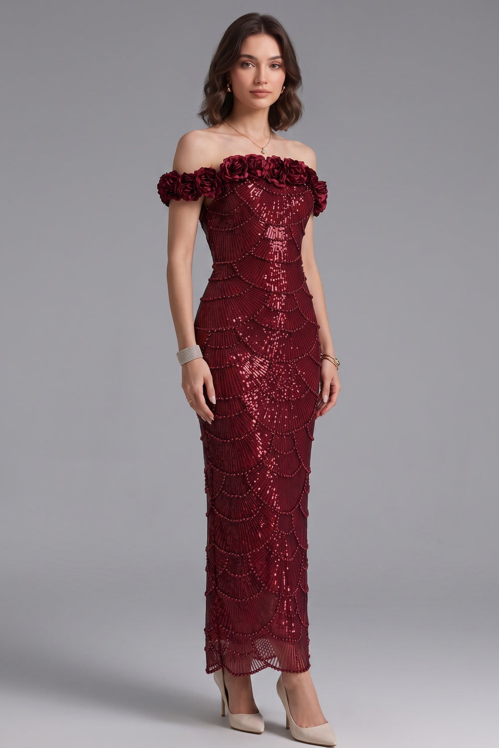 burgundy sequined mesh column gown burgundy sequined mesh gown - product view 2